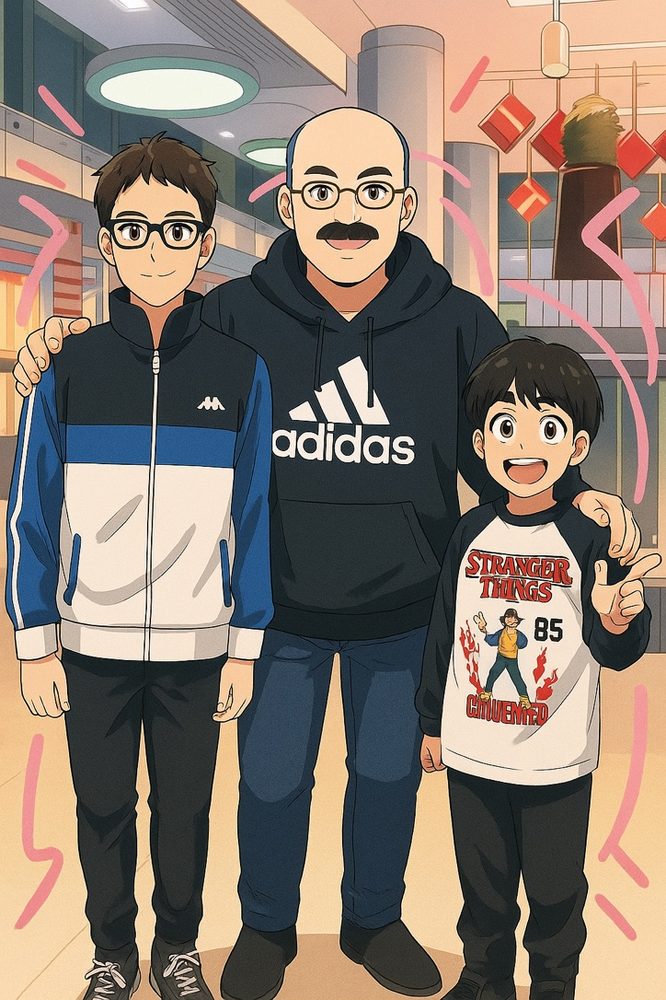 Illustrated portrait of Zyad with his dad and brother